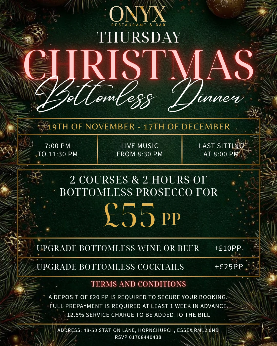 Thursday Christmas Bottomless Dinner poster at Onyx Restaurant & Bar