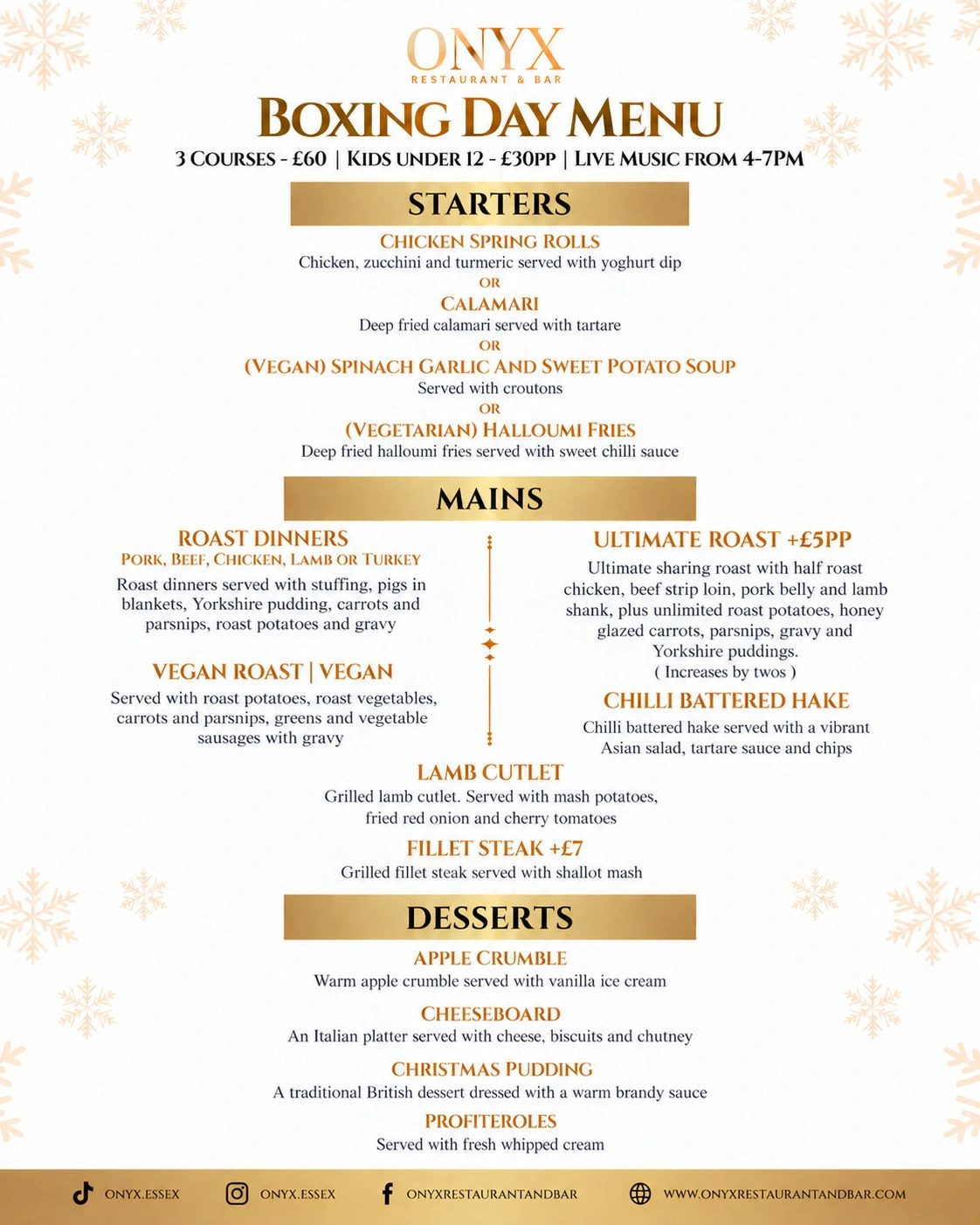 Boxing Day dining at Onyx Restaurant & Bar