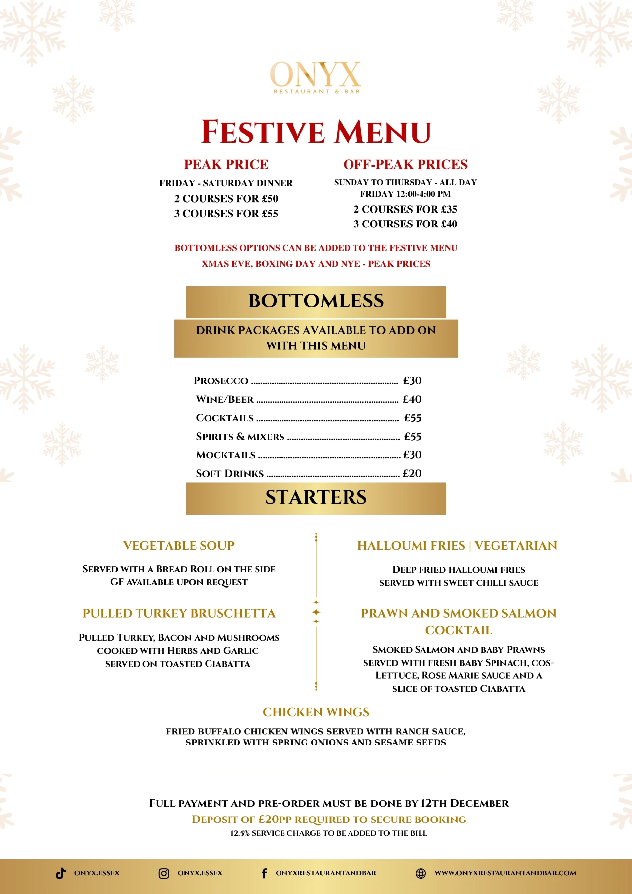 Festive Menu poster at Onyx Restaurant & Bar