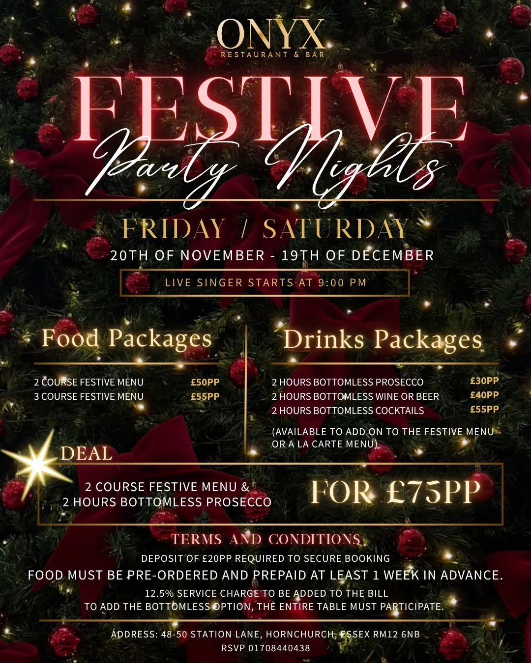 Festive Party Nights poster at Onyx Restaurant & Bar